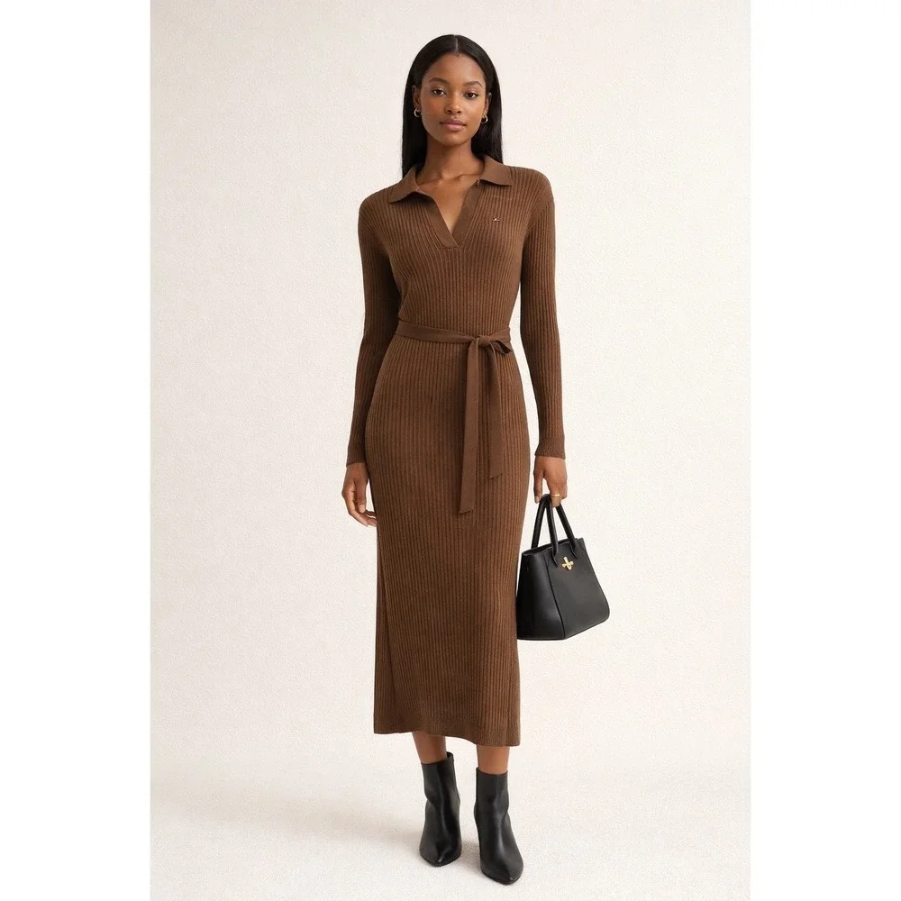 Tommy Hilfiger Brown Rib Knit Polo Midi Dress Long Sleeve Belted Large Preppy